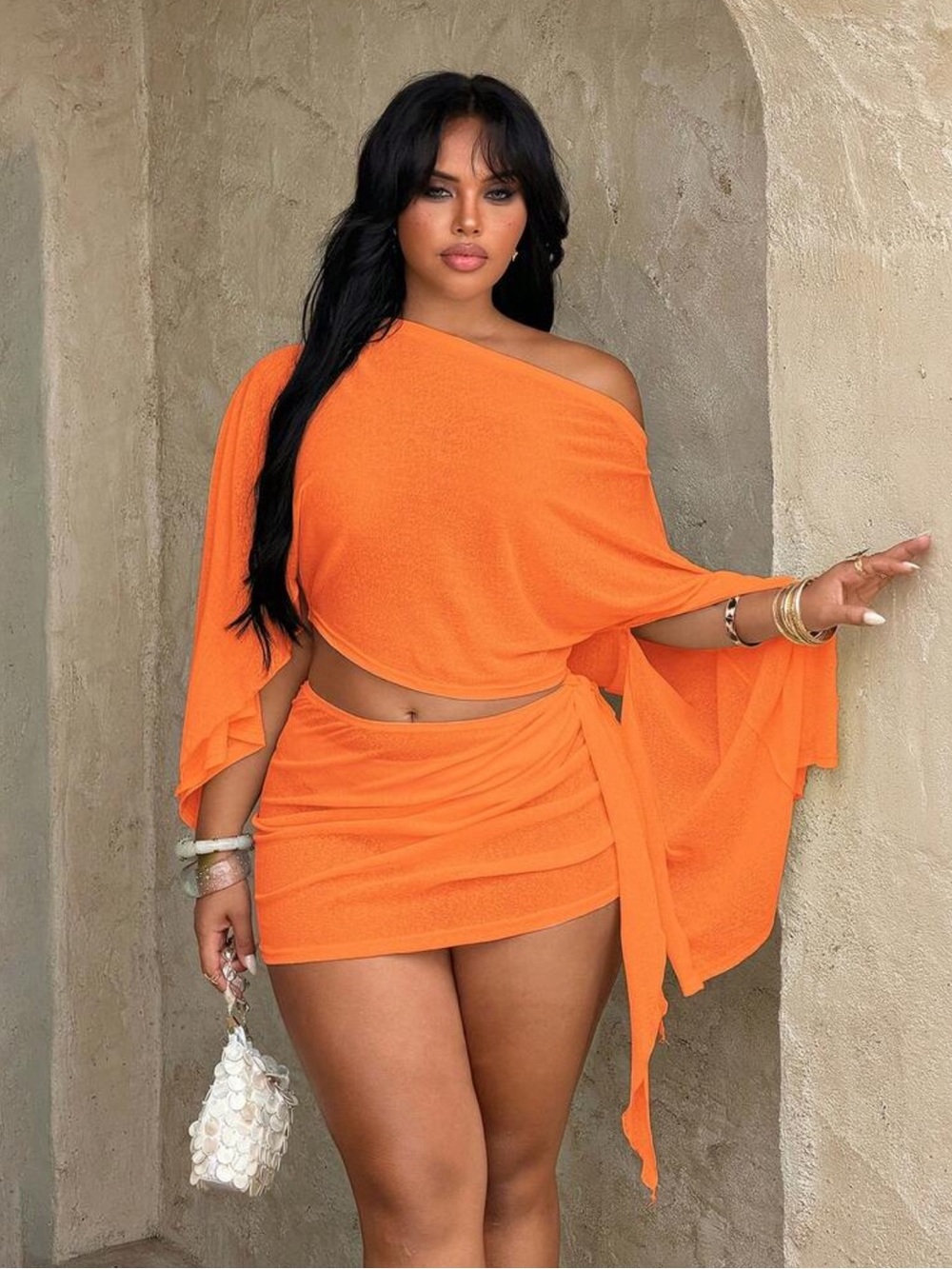 Rustia Plus Size Shoulder Sheer Elegant Top + Asymmetrical Tie-Up Cover-Up Skirt